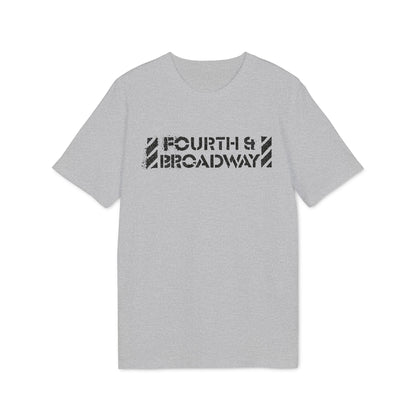 A heather gray short-sleeve crewneck t-shirt featuring a distressed black graphic reading Fourth & Broadway.
