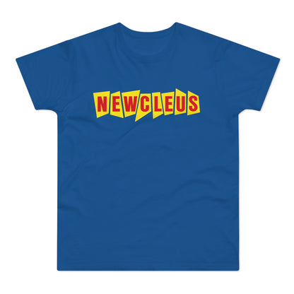 Blue t-shirt with "NEWCLEUS" text in red block letters on yellow background.