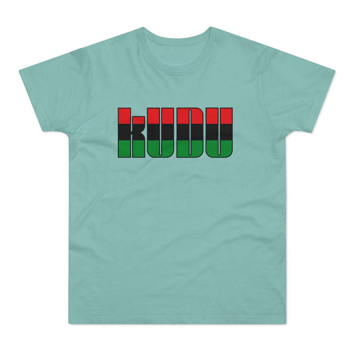 Aqua t-shirt with "KUDU" text in red, black, and green blocks.