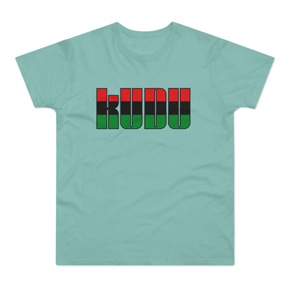 Aqua t-shirt with "KUDU" text in red, black, and green blocks.