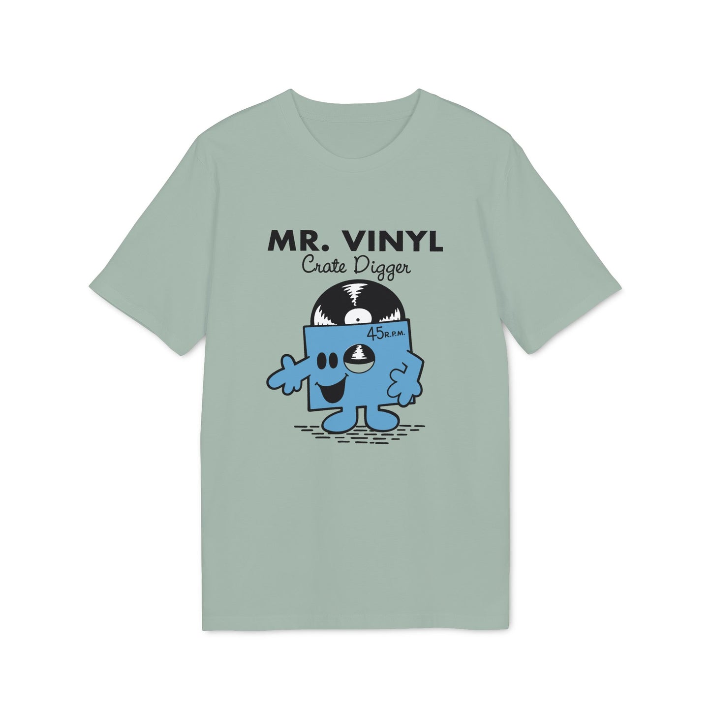 Light green t-shirt with Mr. Vinyl Crate Digger cartoon and 45 R.P.M. label.
