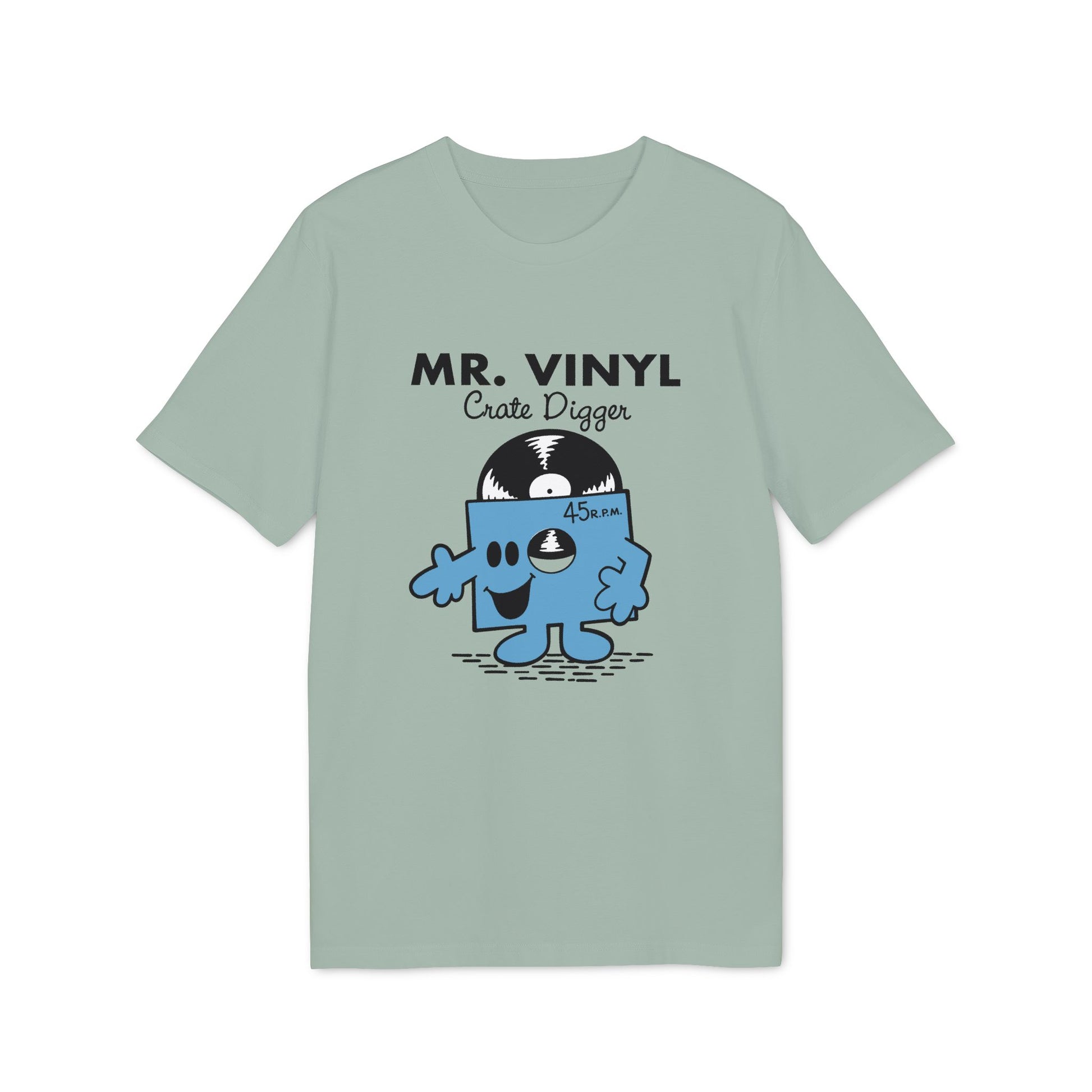 Light green t-shirt with Mr. Vinyl Crate Digger cartoon and 45 R.P.M. label.
