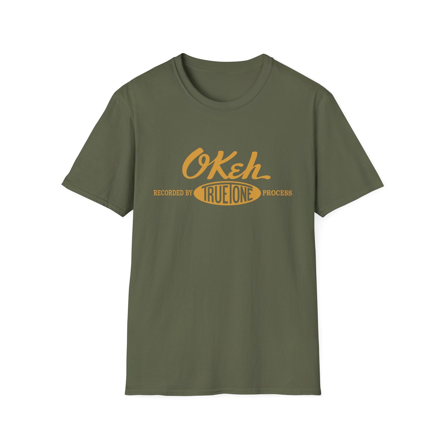Green t-shirt with "Okeh" logo and "Recorded by True Tone Process" text.
