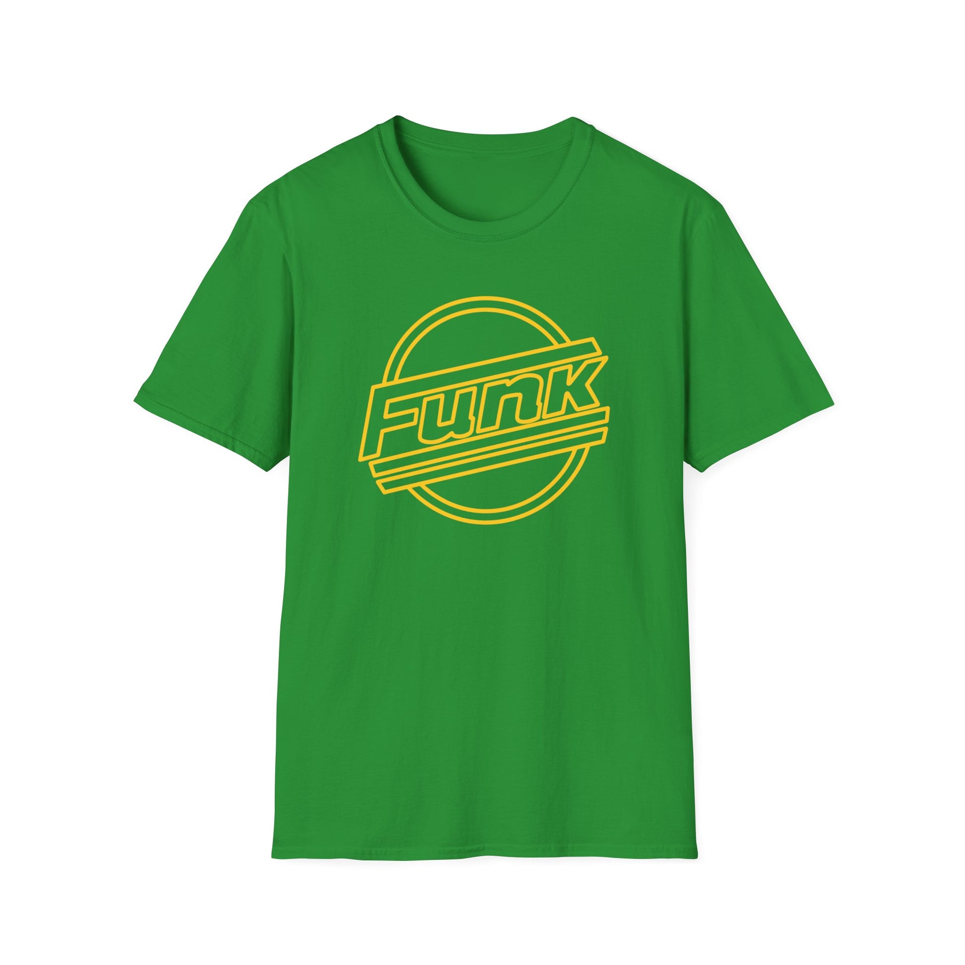 Green t-shirt with yellow "Funk" text logo inside a circle and lines.