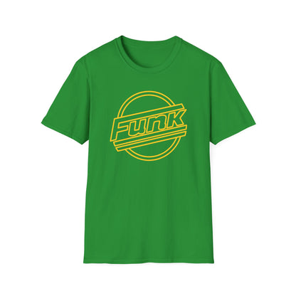 Green t-shirt with yellow "Funk" text logo inside a circle and lines.