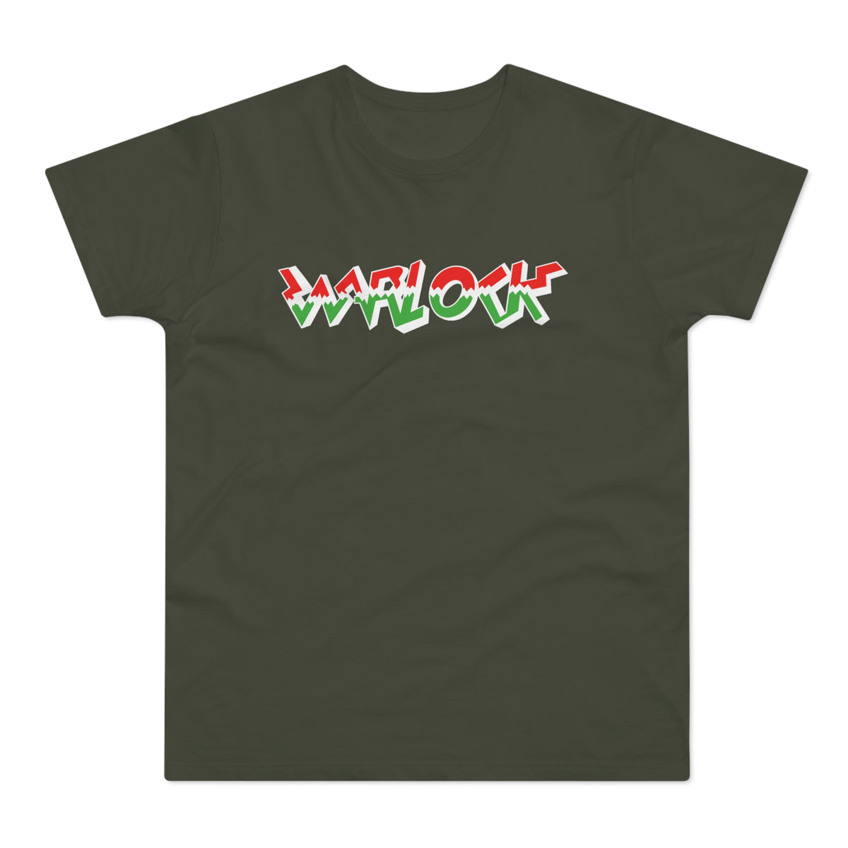 Dark olive green t-shirt with "WARLOCK" text in red, white, and green.