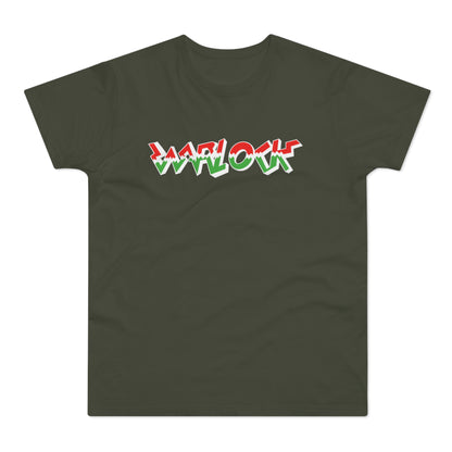 Dark olive green t-shirt with "WARLOCK" text in red, white, and green.