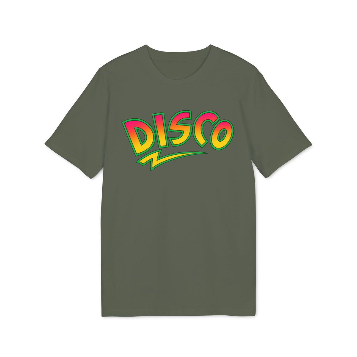 Olive green short-sleeved t-shirt featuring curved multicolored retro text that reads DISCO with a lightning bolt underneath.