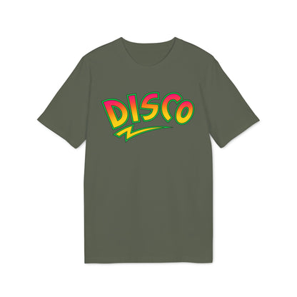 Olive green short-sleeved t-shirt featuring curved multicolored retro text that reads DISCO with a lightning bolt underneath.