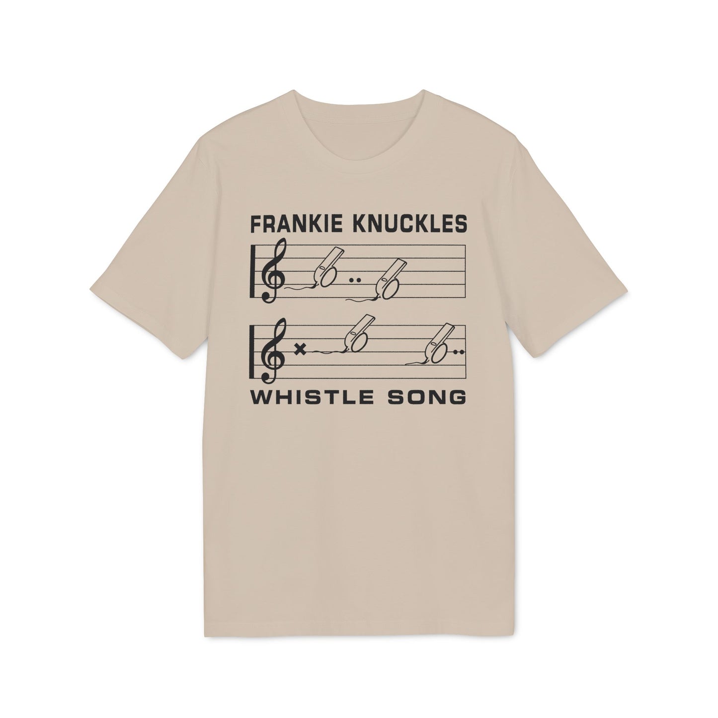 Light beige t-shirt with black text "FRANKIE KNUCKLES" and musical staff with whistles.
