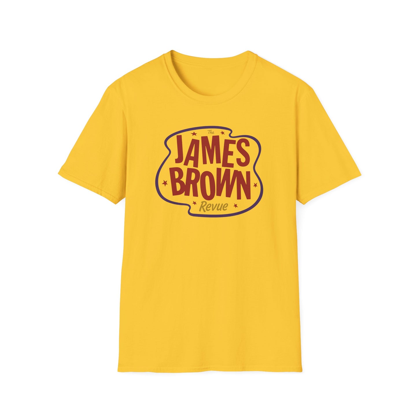 Yellow t-shirt with "The James Brown Revue" text logo on a blue outline.