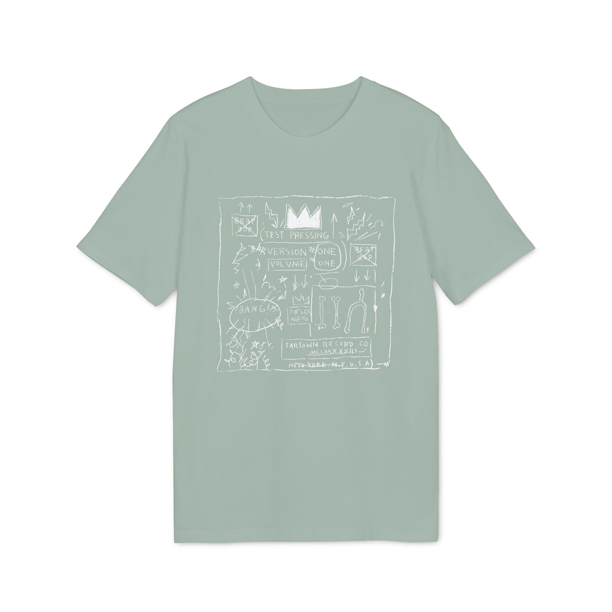 Sage green short-sleeved t-shirt featuring a white graphic print with scrawled text and drawings.