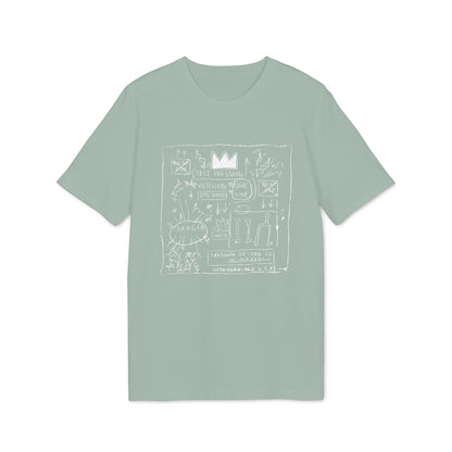 Sage green short-sleeved t-shirt featuring a white graphic print with scrawled text and drawings.
