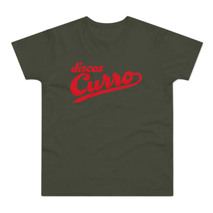 Dark green t-shirt with red "Discos Curro" script logo.