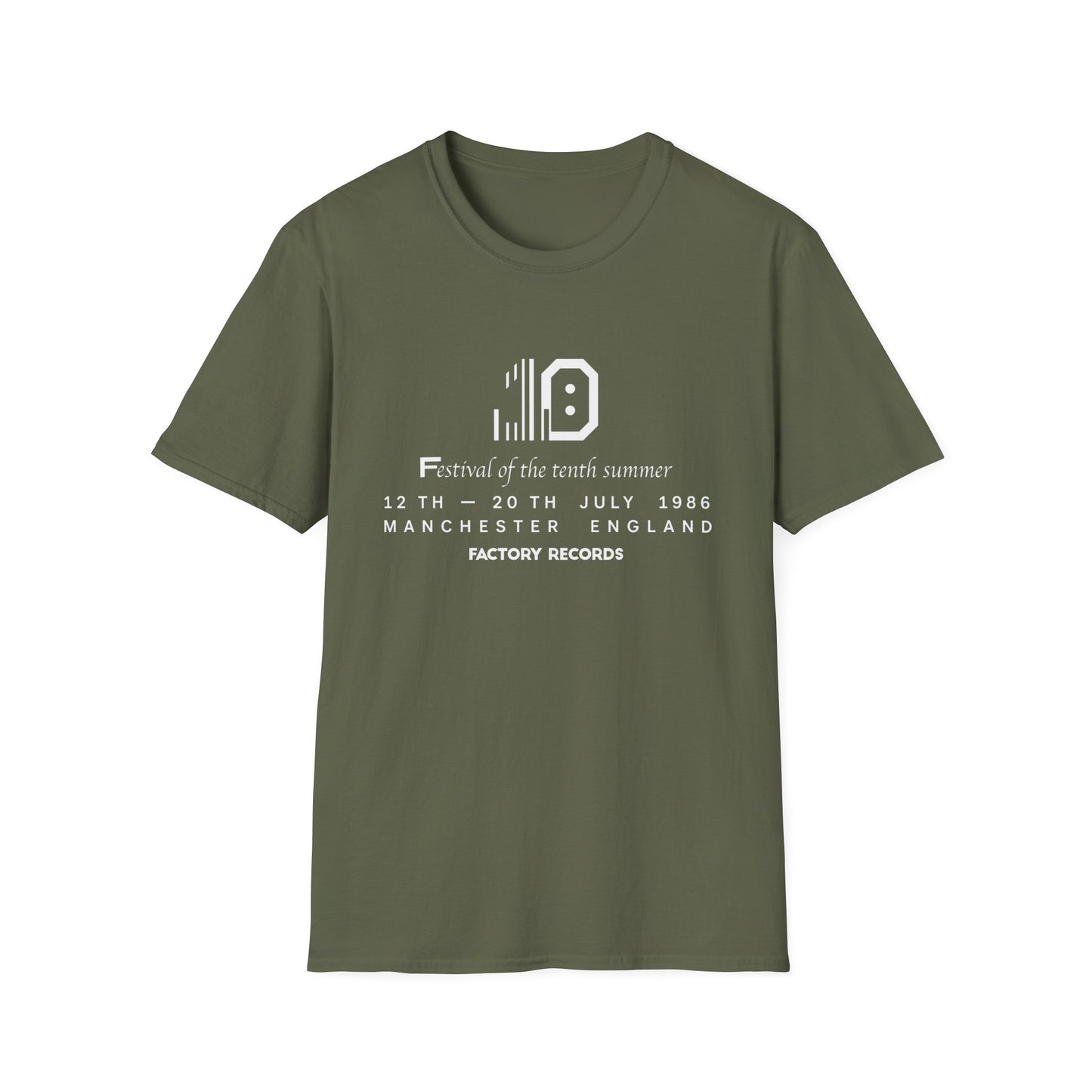 Green t-shirt with "Festival of the tenth summer" text and Factory Records logo.
