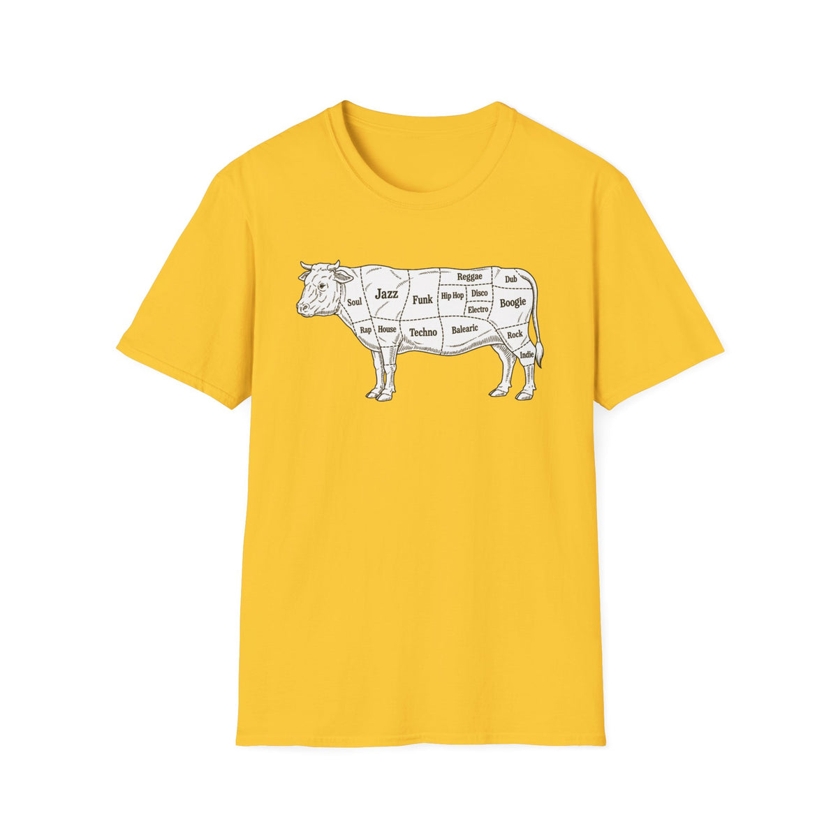 Yellow t-shirt with a diagram of a cow labeled with music genres.