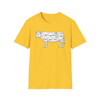 Yellow t-shirt with a diagram of a cow labeled with music genres.