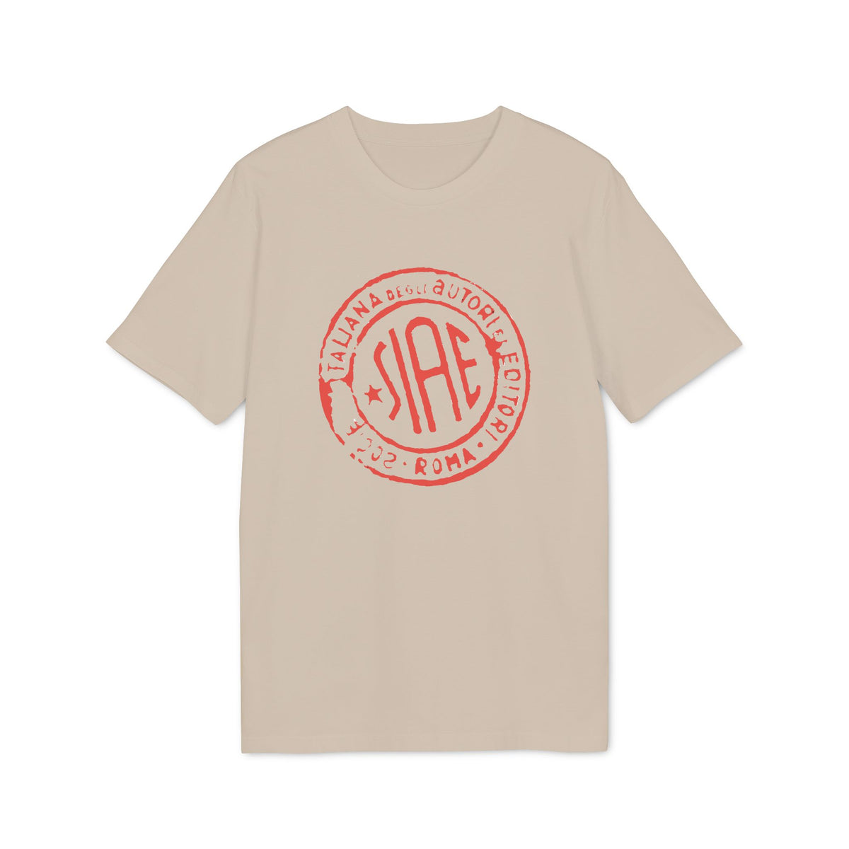 Beige short-sleeved crewneck t-shirt featuring a red stamped circular logo with SIAE text on the chest.