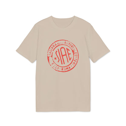 Beige short-sleeved crewneck t-shirt featuring a red stamped circular logo with SIAE text on the chest.