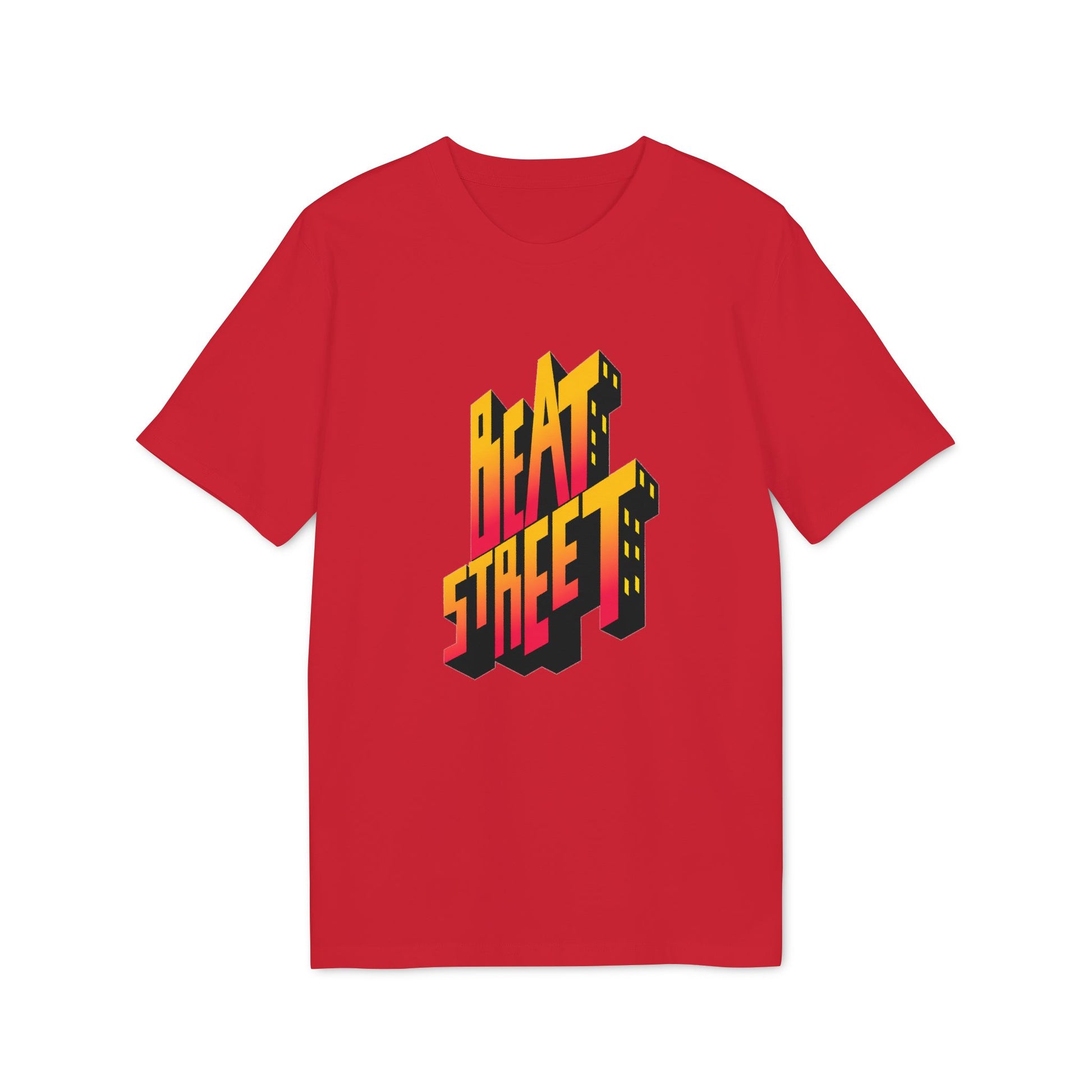 Red t-shirt with 3D block lettering spelling "BEAT STREET".