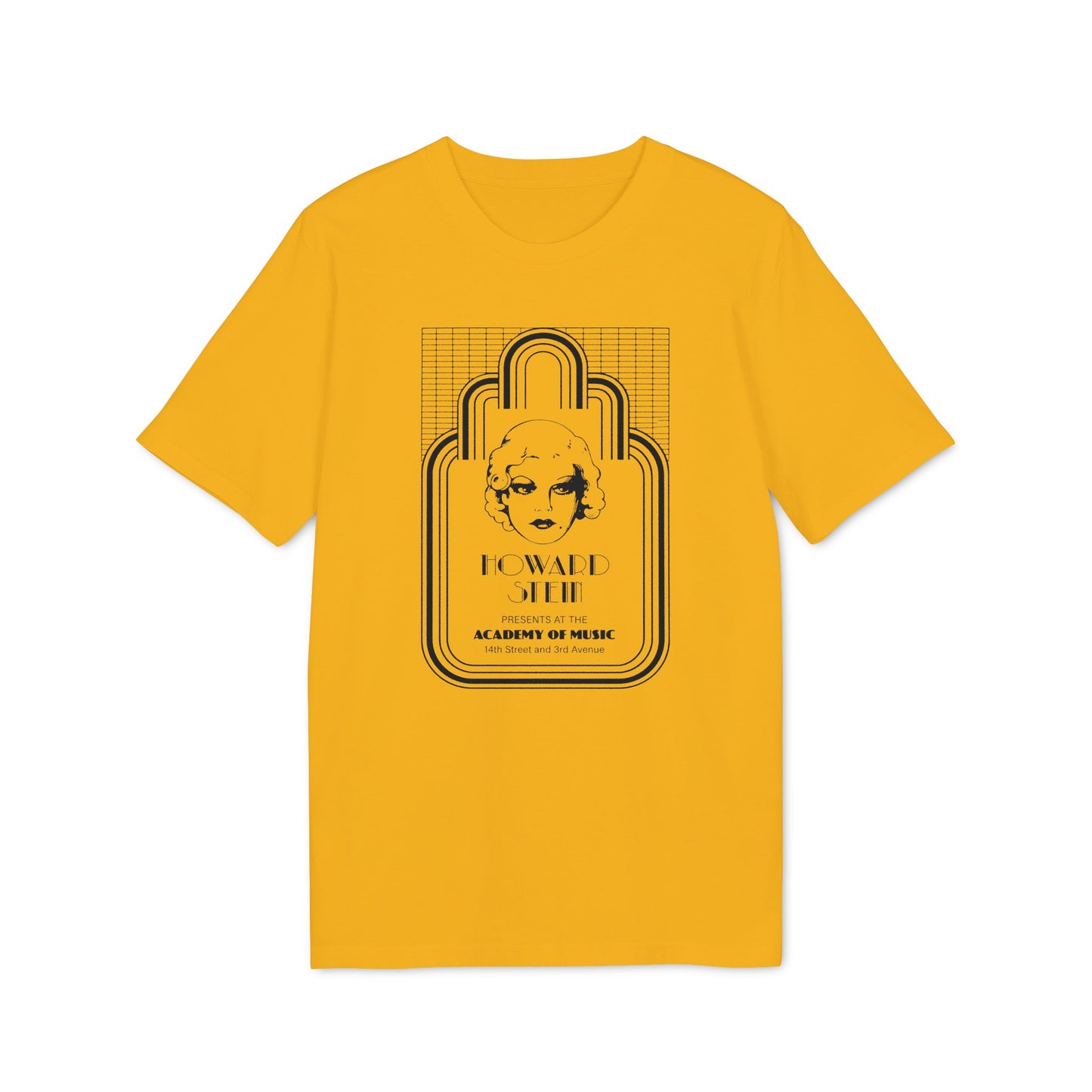 Yellow t-shirt with Howard Stein Academy of Music graphic.