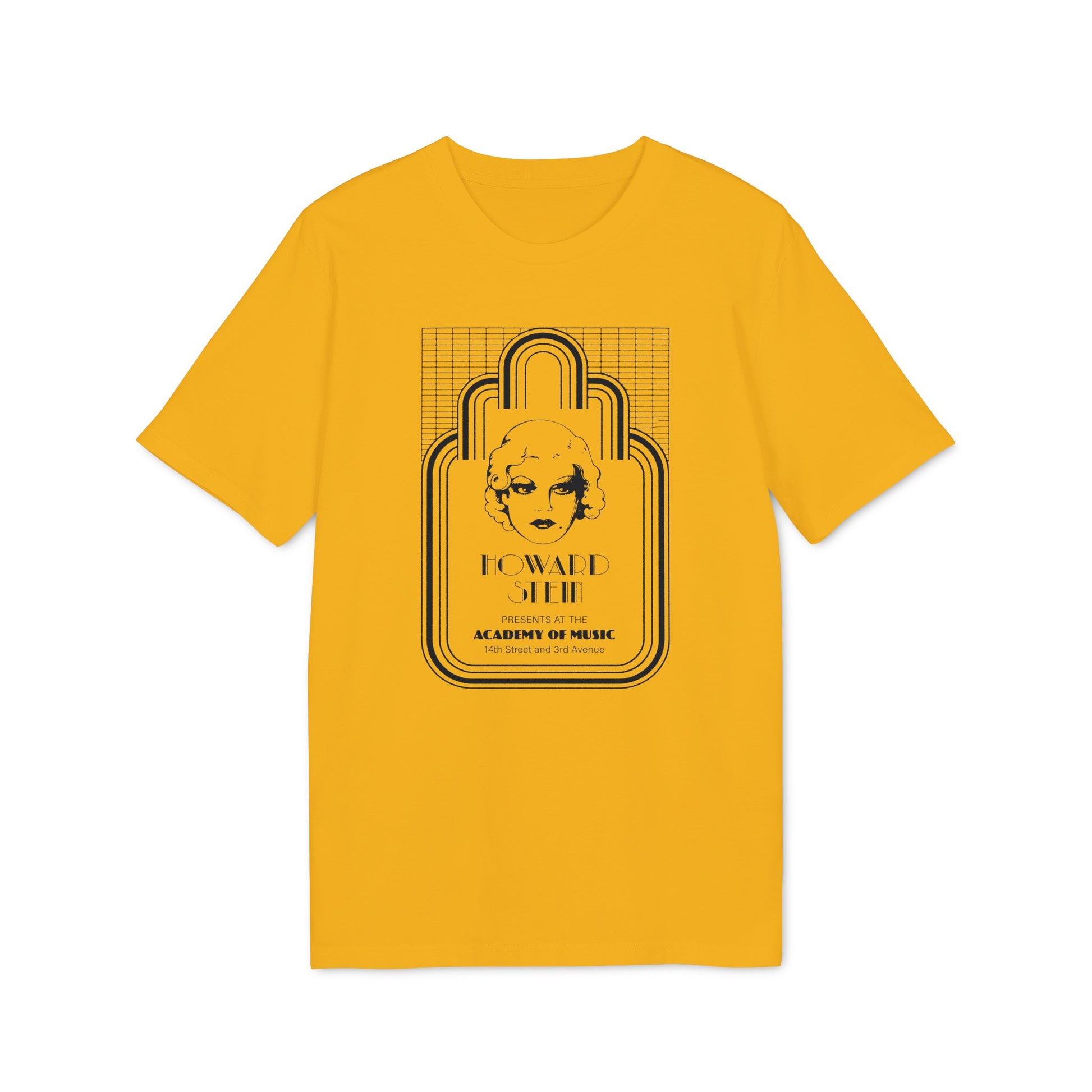 Yellow t-shirt with Howard Stein Academy of Music graphic.