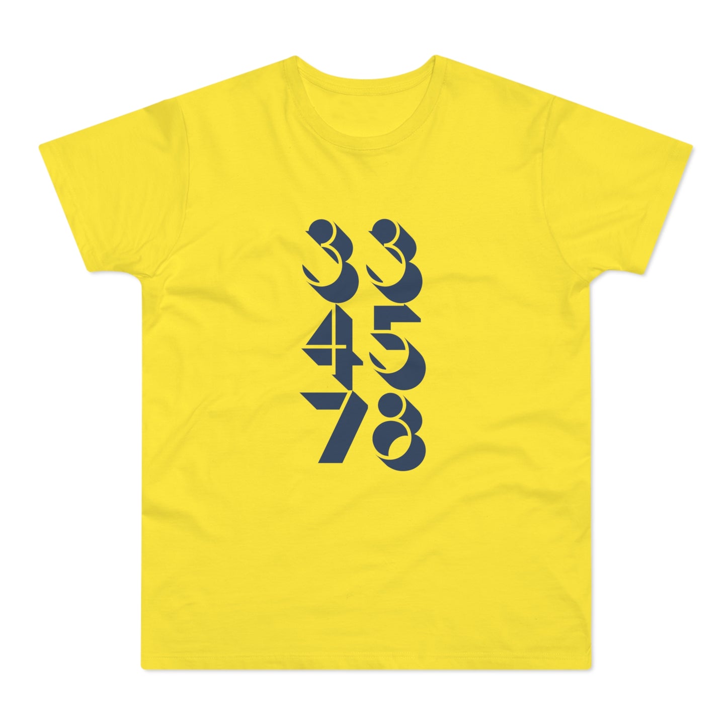 Yellow t-shirt with navy blue numbers 33, 45, and 78 in a vertical arrangement.