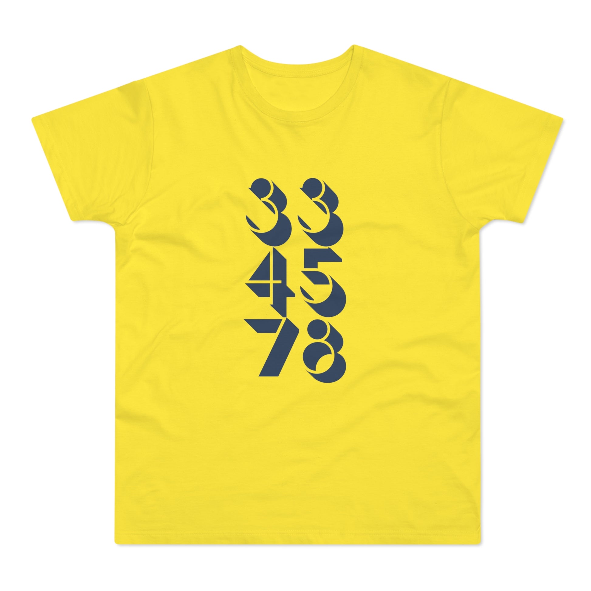 Yellow t-shirt with navy blue numbers 33, 45, and 78 in a vertical arrangement.