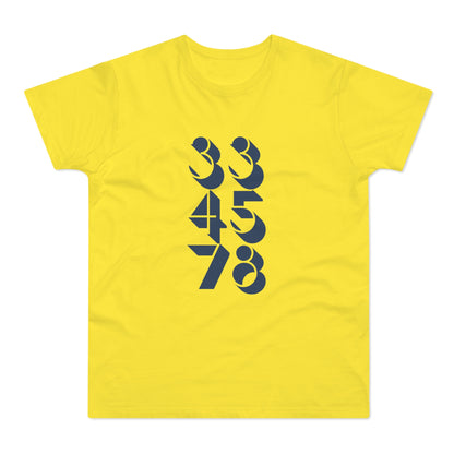 Yellow t-shirt with navy blue numbers 33, 45, and 78 in a vertical arrangement.