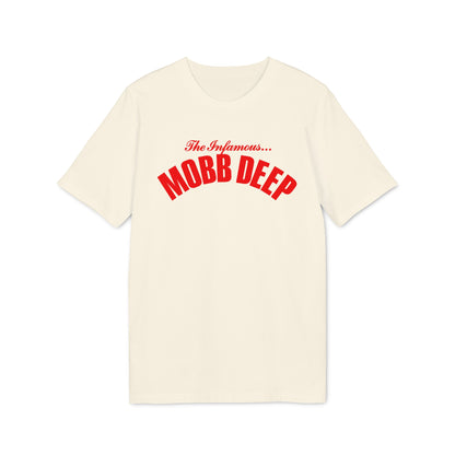 An off-white short-sleeve t-shirt featuring the red text "The Infamous Mobb Deep" arched across the chest.