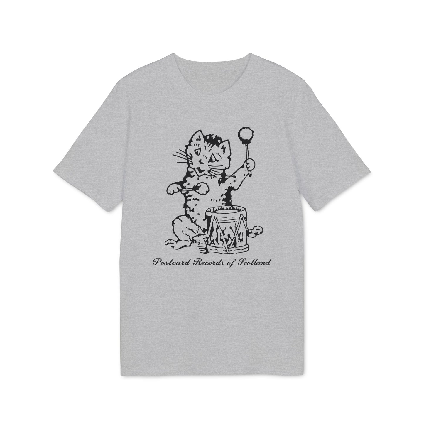Grey t-shirt with a black line drawing of a cat playing a drum and the text "Postcard Records of Scotland".
