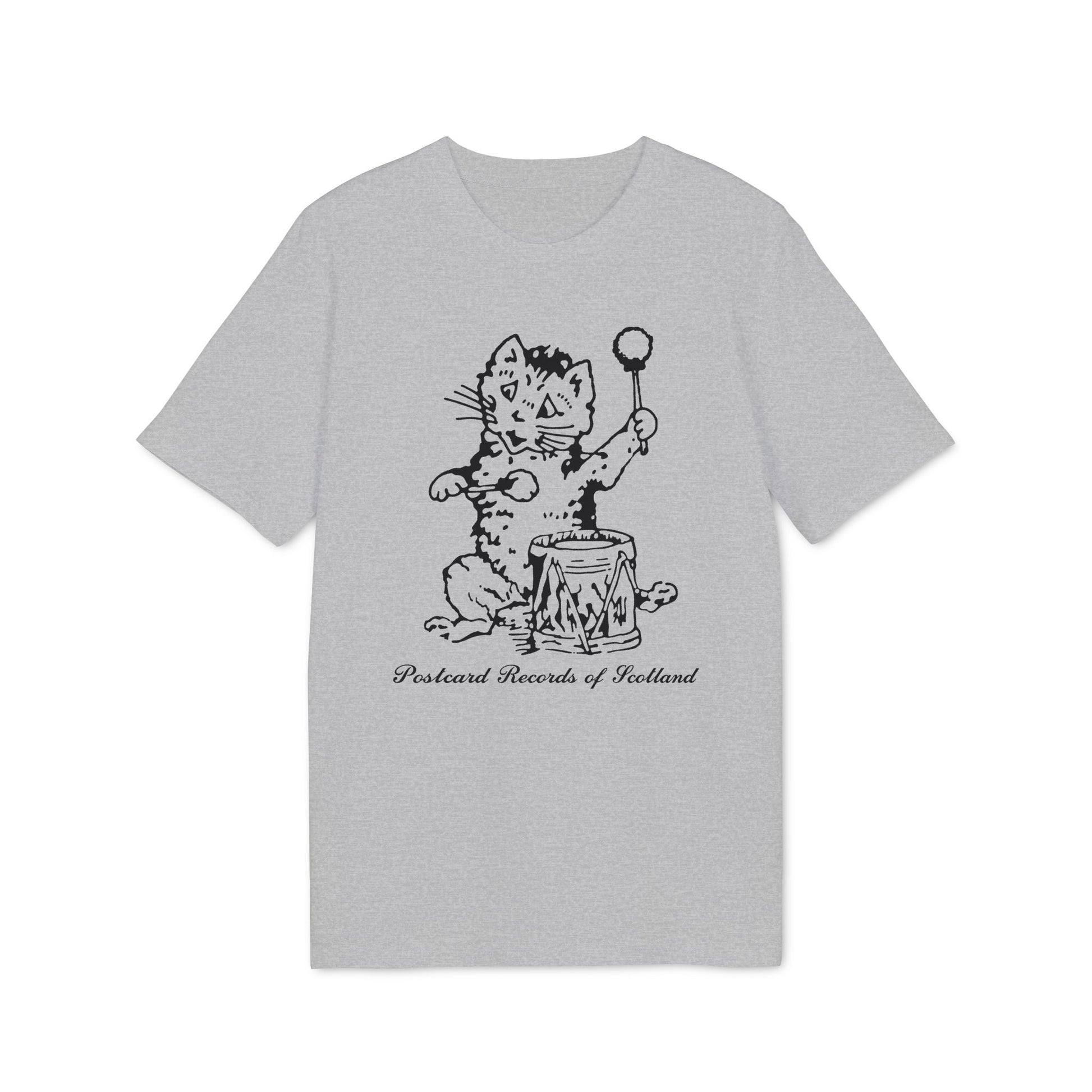 Grey t-shirt with a black line drawing of a cat playing a drum and the text "Postcard Records of Scotland".