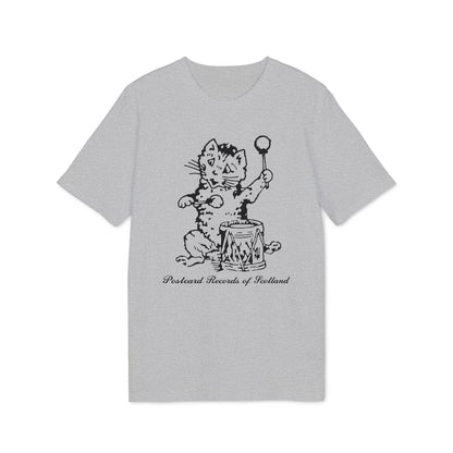 Grey t-shirt with a black line drawing of a cat playing a drum and the text "Postcard Records of Scotland".