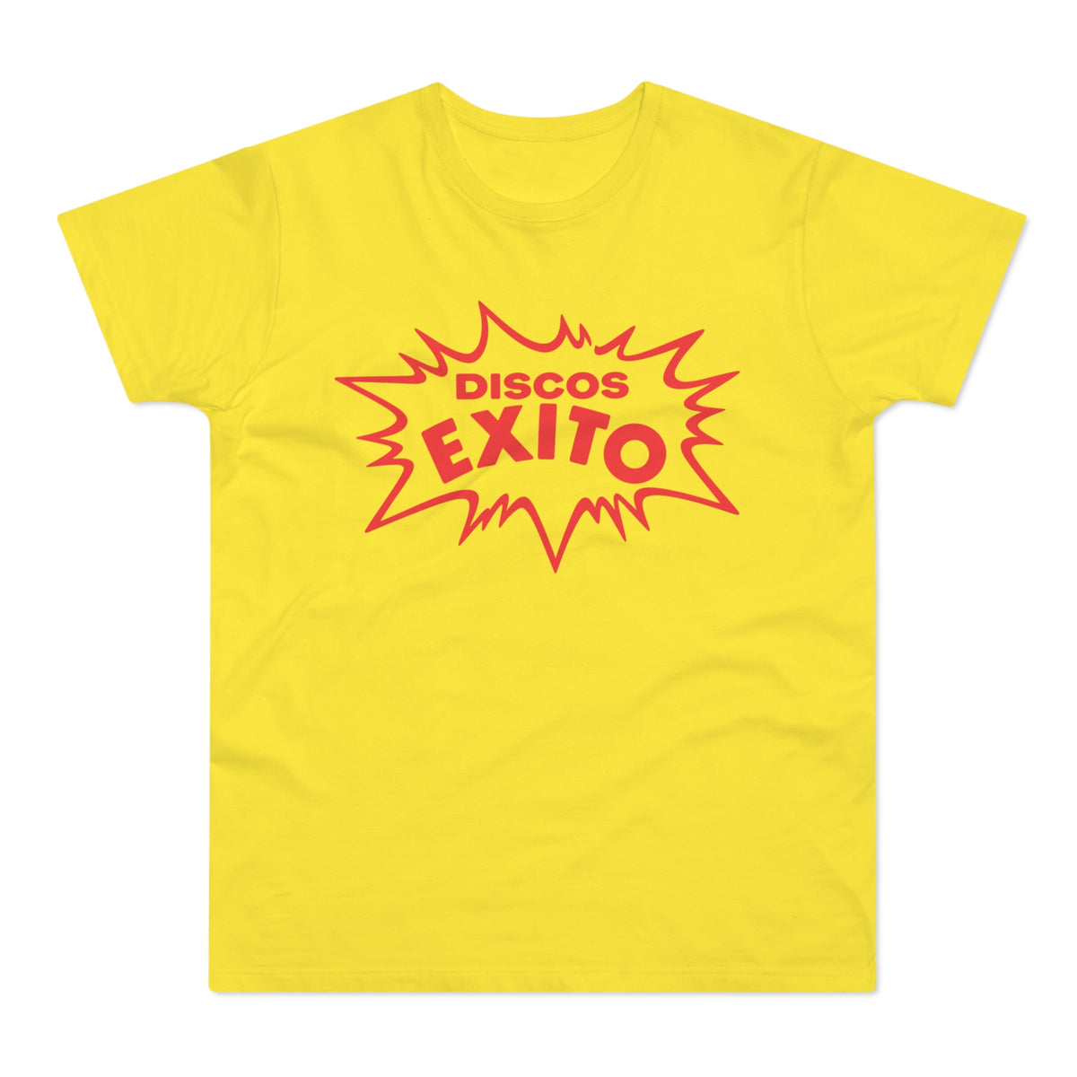 Yellow t-shirt with red "DISCOS EXITO" text in a starburst.