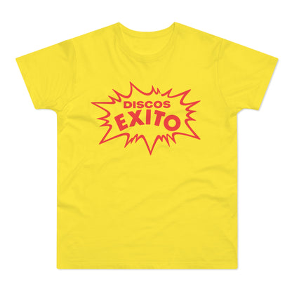 Yellow t-shirt with red "DISCOS EXITO" text in a starburst.