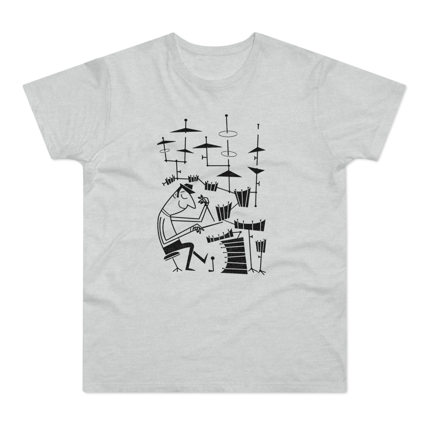 Black line art of a man playing drums on a light gray t-shirt.