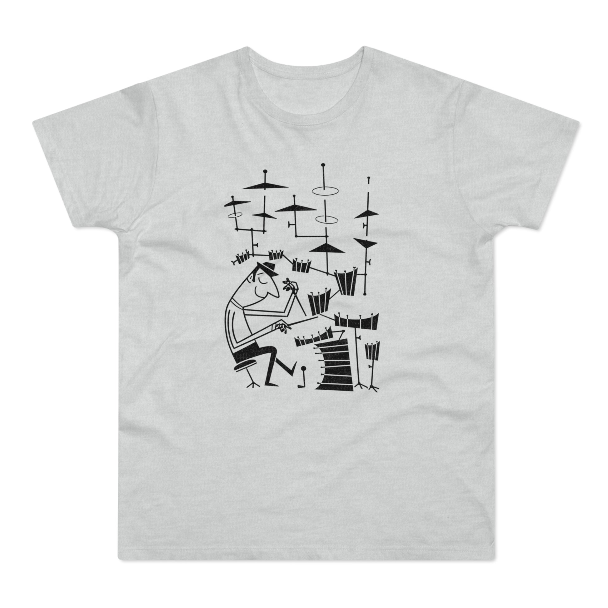 Black line art of a man playing drums on a light gray t-shirt.