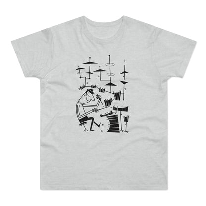 Black line art of a man playing drums on a light gray t-shirt.