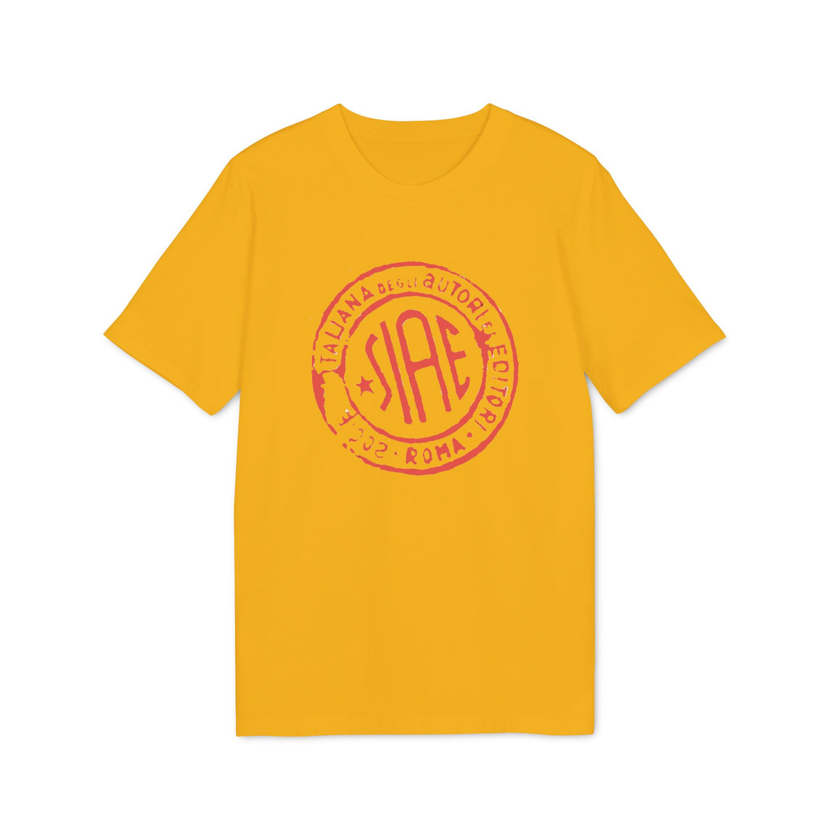 A yellow short-sleeve t-shirt with a red circular stamp graphic that features the text SIAE and Roma.
