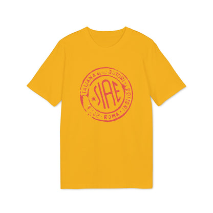 A yellow short-sleeve t-shirt with a red circular stamp graphic that features the text SIAE and Roma.