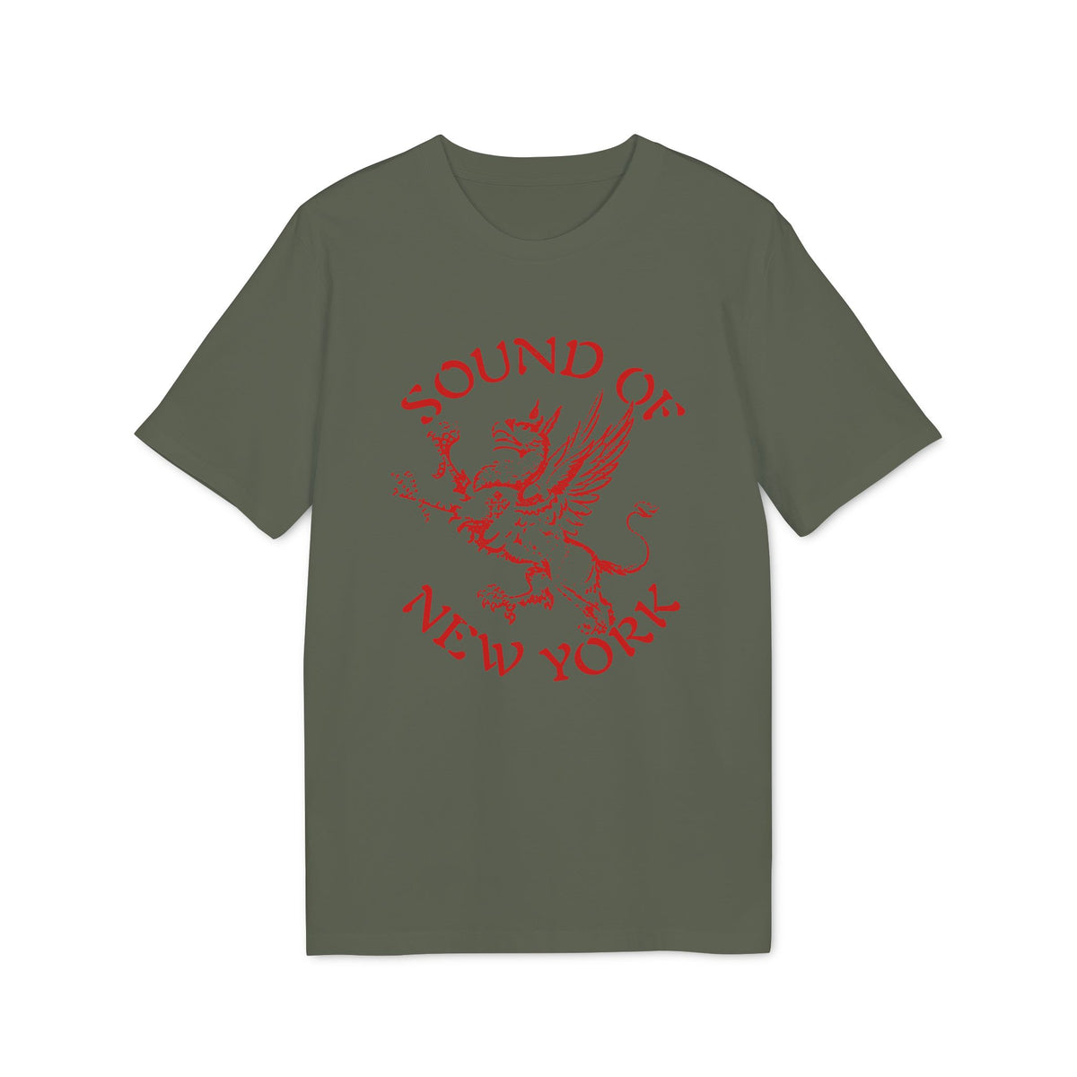 An olive green t-shirt with a red graphic of a griffin and the text Sound of New York.