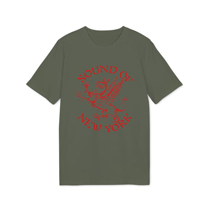 An olive green t-shirt with a red graphic of a griffin and the text Sound of New York.