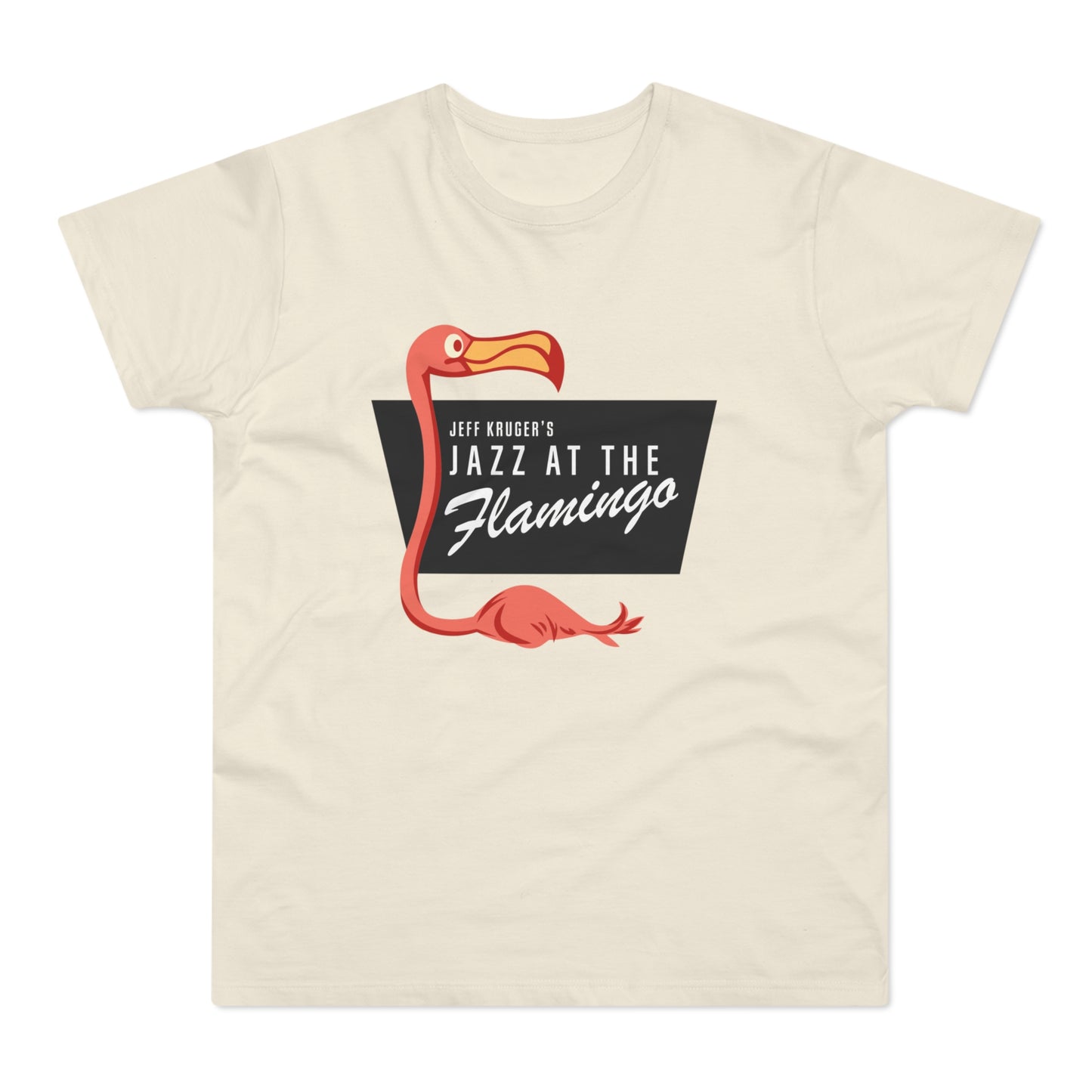Cream t-shirt with a stylized pink flamingo and text "Jeff Kruger's Jazz at the Flamingo."