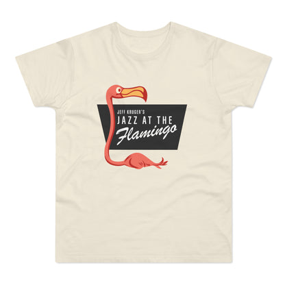 Cream t-shirt with a stylized pink flamingo and text "Jeff Kruger's Jazz at the Flamingo."