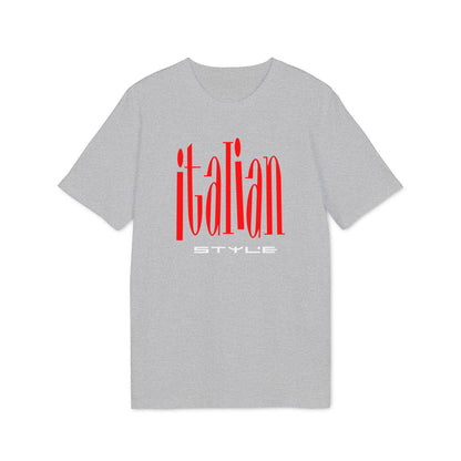 A grey short-sleeve t-shirt with large red text spelling "italian" and white text spelling "STYLE" below it.
