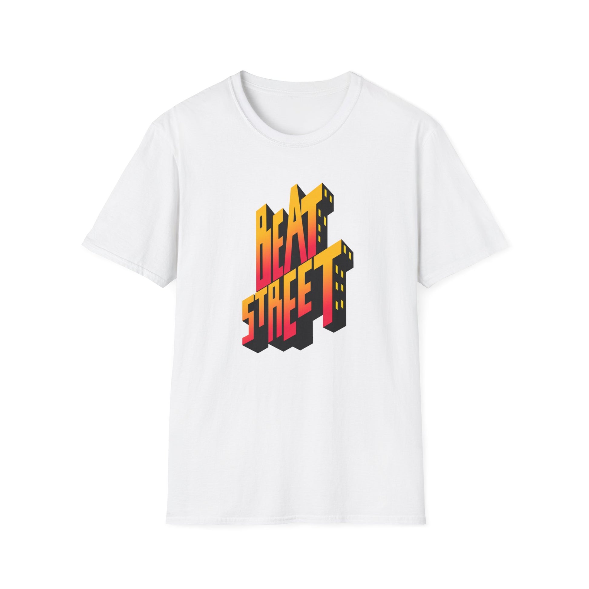 White t-shirt with "BEAT STREET" in a 3D block style with orange-to-red gradient.