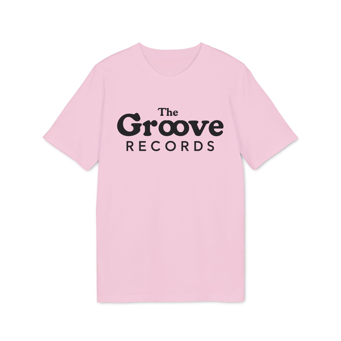 Pink t-shirt with black "The Groove Records" text on the chest.