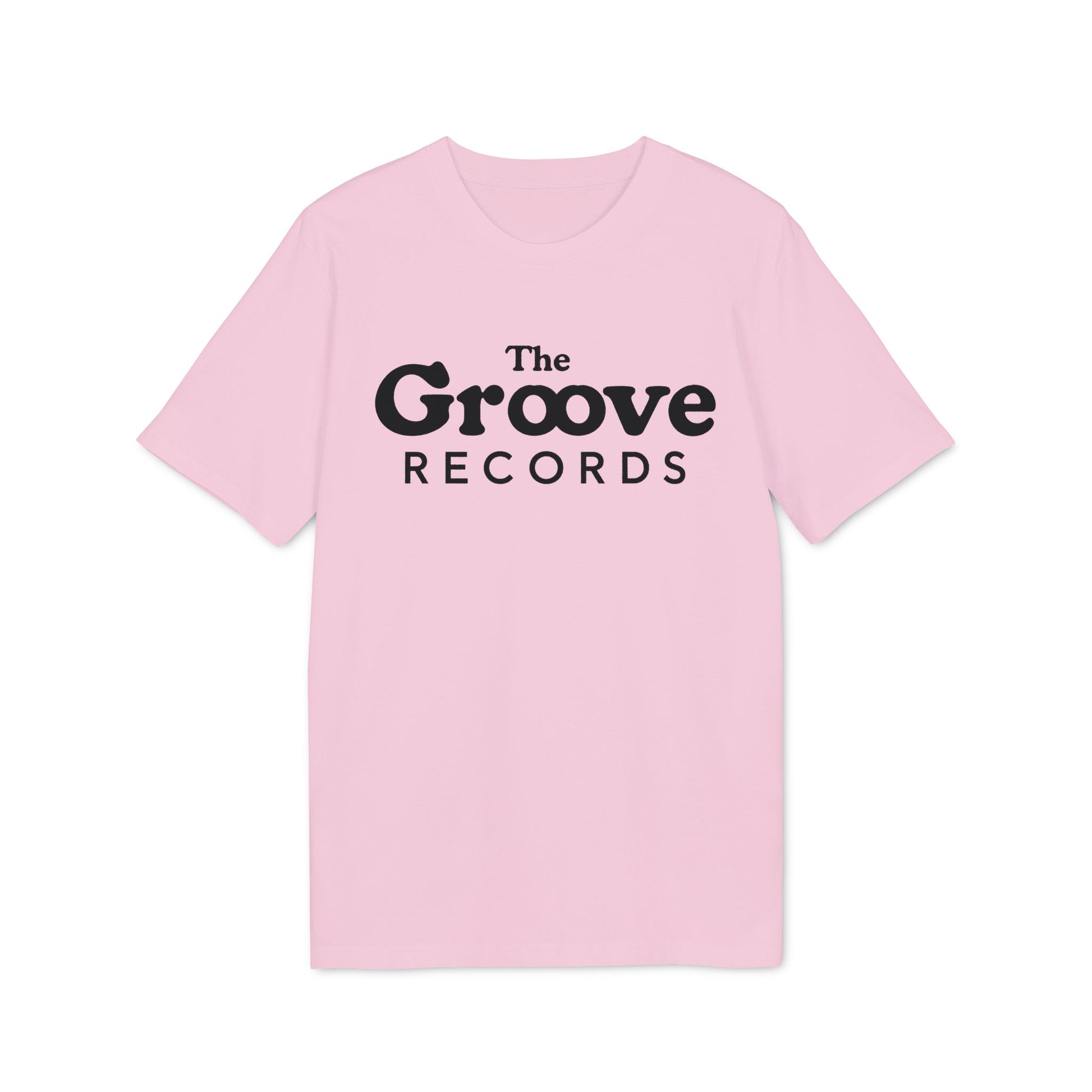 Pink t-shirt with black "The Groove Records" text on the chest.