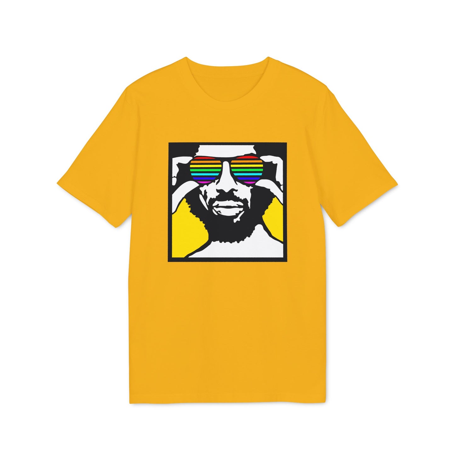 Yellow t-shirt with graphic of man wearing rainbow sunglasses.