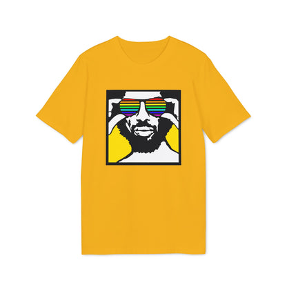 Yellow t-shirt with graphic of man wearing rainbow sunglasses.